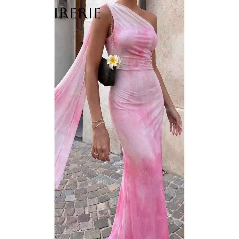 SHEIN Pink Tie Dye One Shoulder Ruched Mesh Maxi Dress Medium S11734365